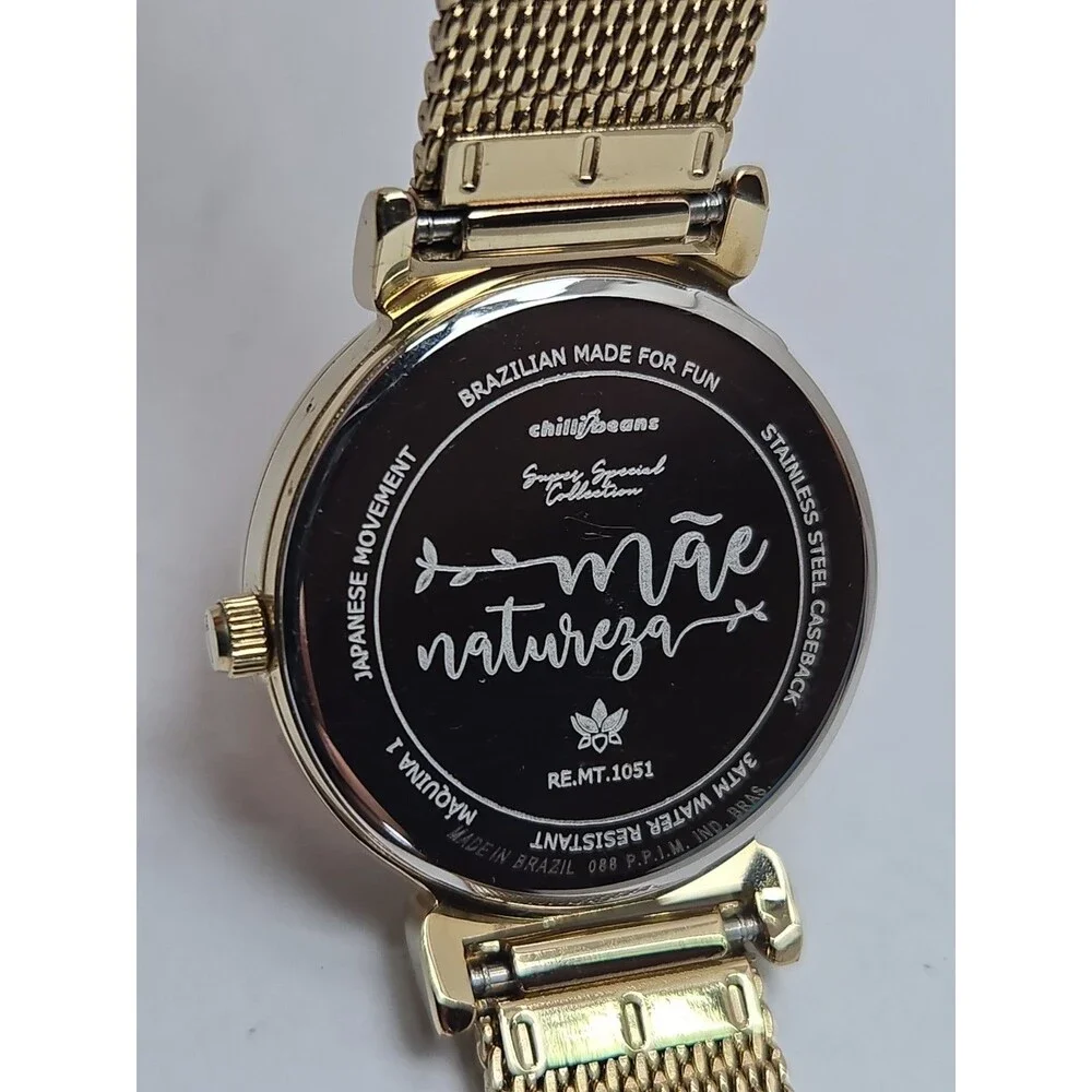 Chilli Beans Mae Natureza Womens Pink Dial Gold Tone Mesh 29mm Watch New Battery